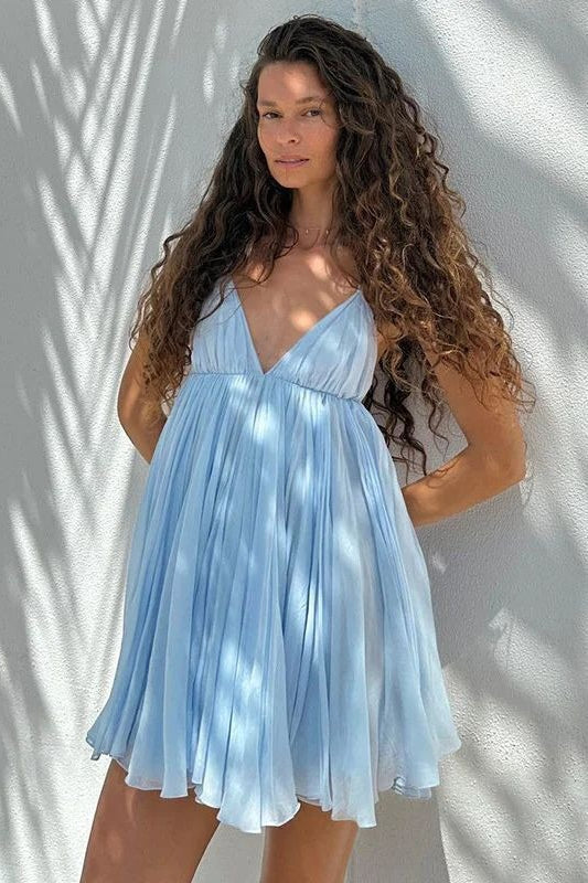 Sexy Cami V Neck Pleated Flared Mini Dress