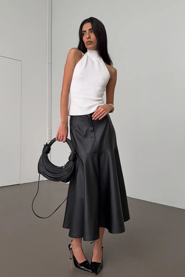 Vintage High-Waist A-Line Midi PU Leather Skirt