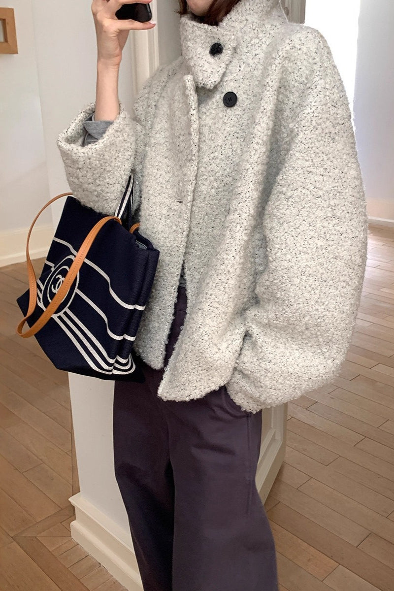 Casaco Moderno de Lã Doce, Solto com Fecho de Pressão