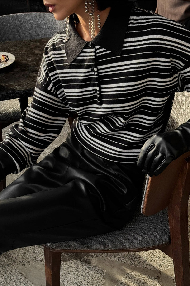 Color-block Stripe Fitted Polo Knit Blouse