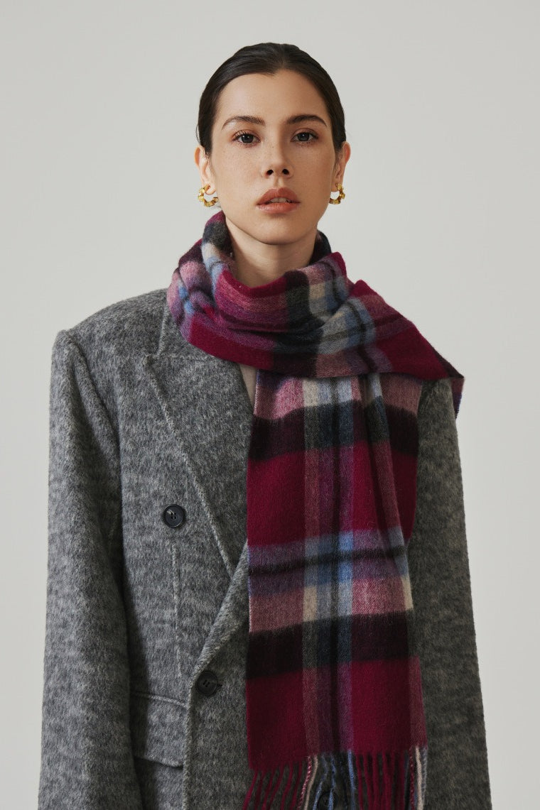 100% Wool Plaid Fringed Minimalist Scarf