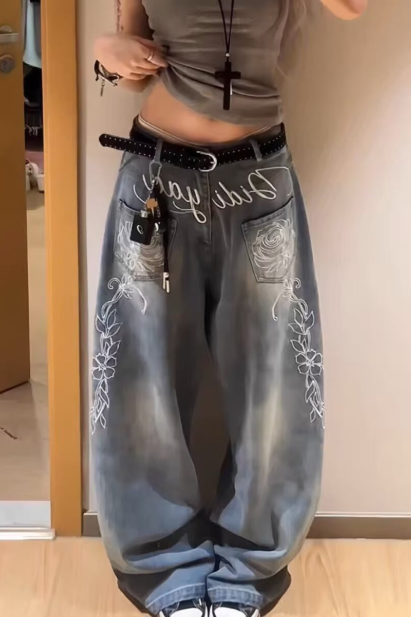 Y2K Floral Letter Embroidery Wide Leg Jeans