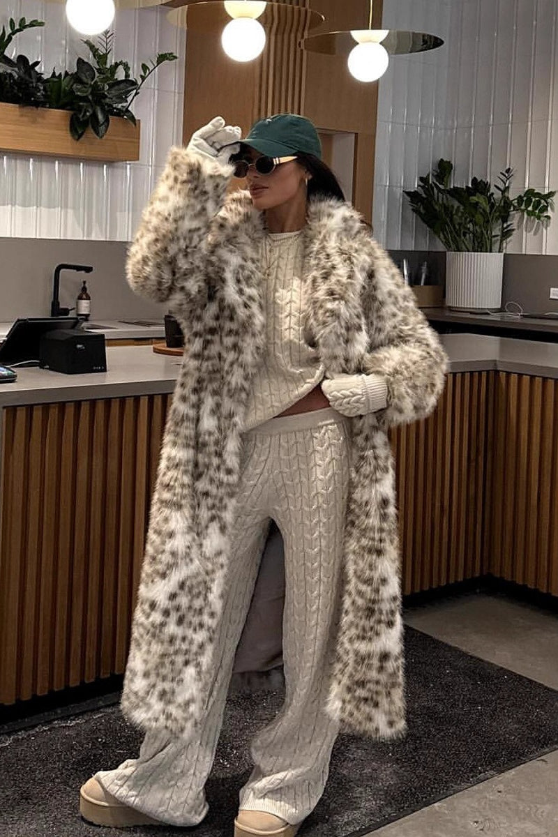 Öko-Langmantel mit Leopardenmuster und falschem Nerzpelzkragen