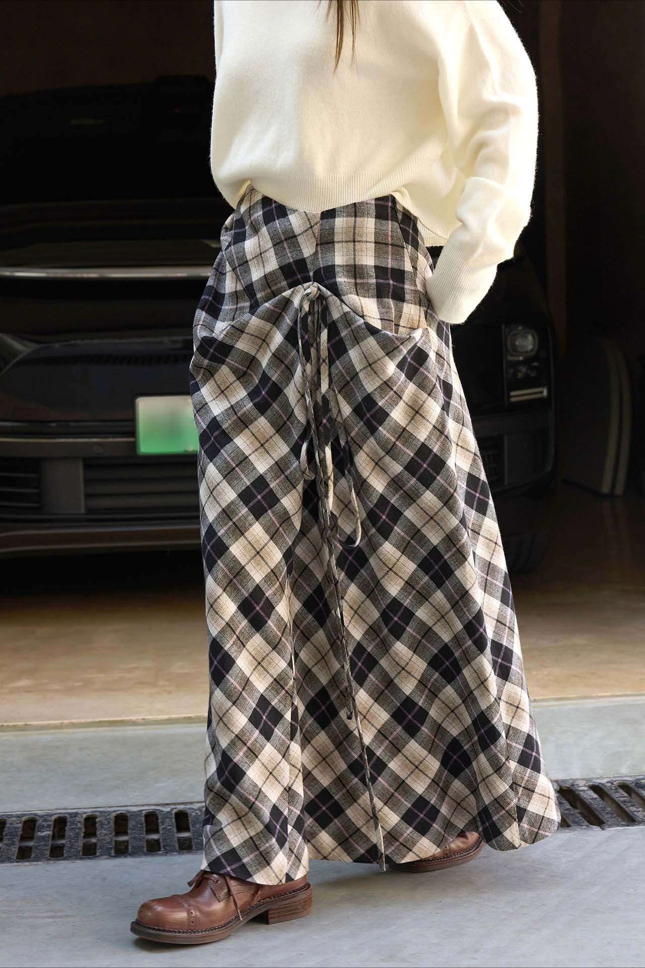Asymmetric Color Block Plaid Midi Skirt