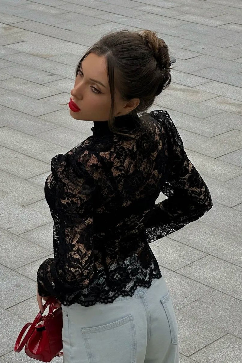 Lace Puff Sleeve Stand Collar Elegant Blouse