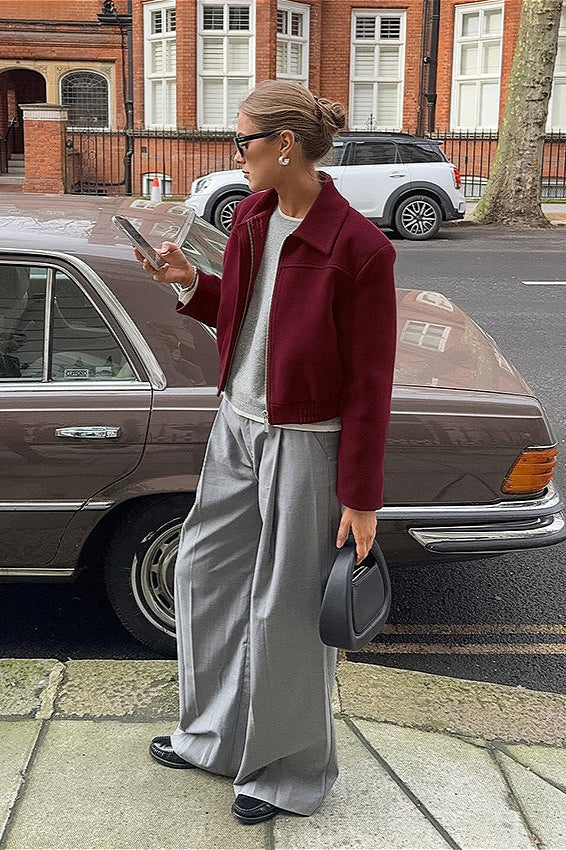 Veste rétro américaine courte en laine bordeaux à col décontracté