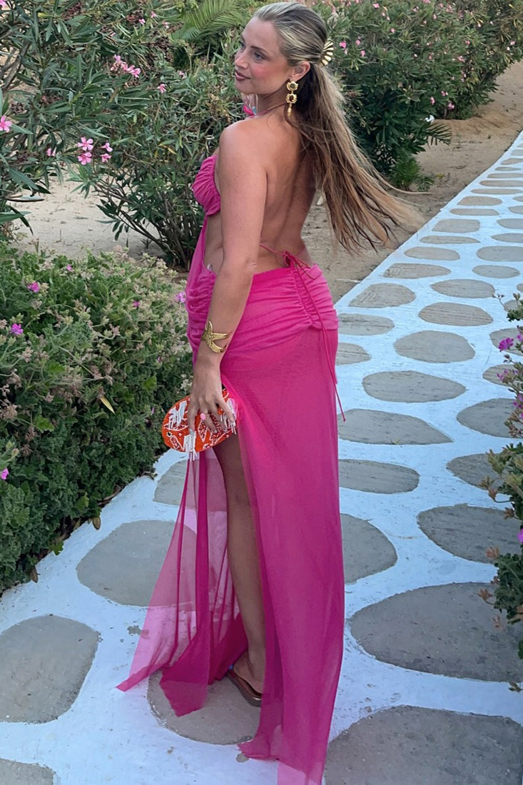 Sheer Halter Tie Waist Cutout Maxi Dress