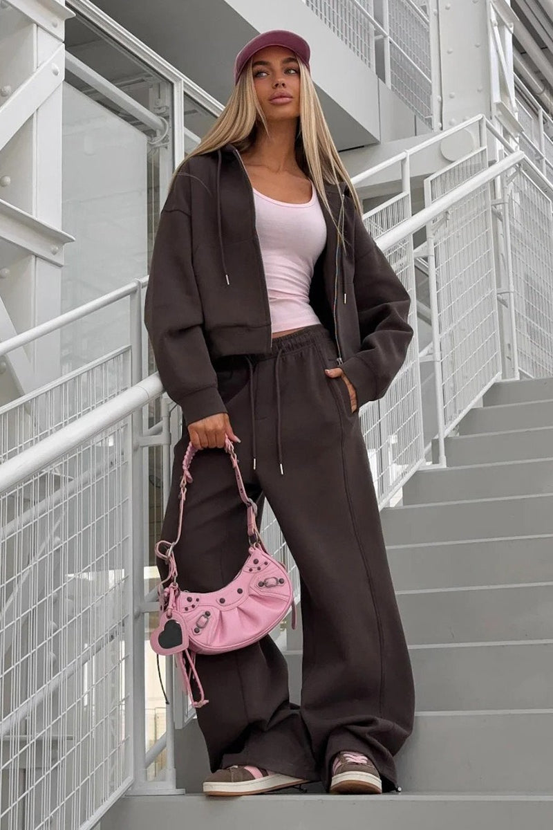 Zipper Hoodie Long Sleeve Wide Leg Pants Two Piece Set