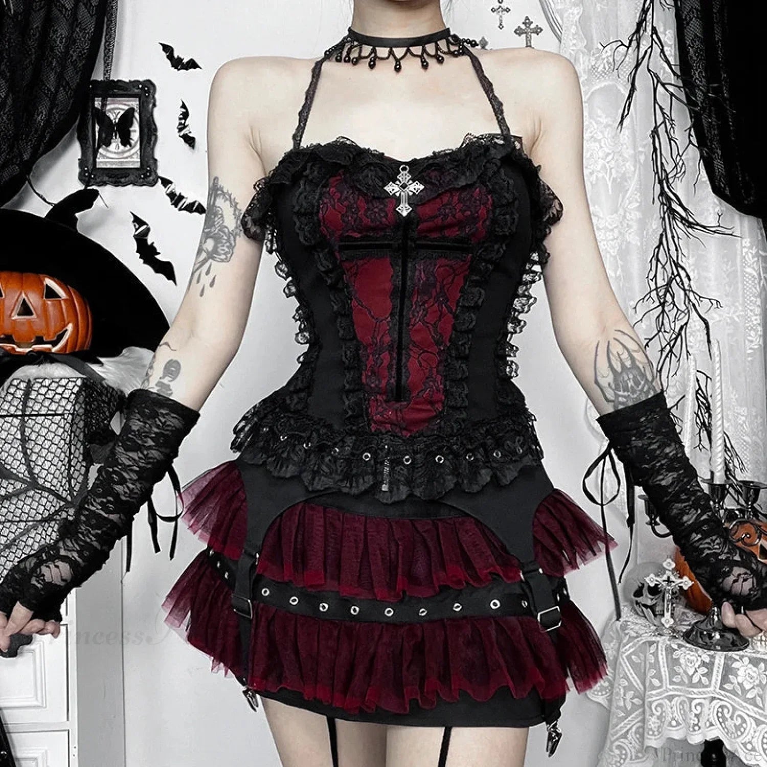 Dunkles Spitzenbesatz Rückenfreies Kurzoberteil