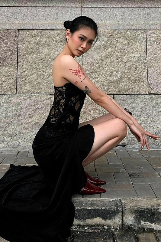 Streetwear Irregular Lace Patch Sheer Mini Dress