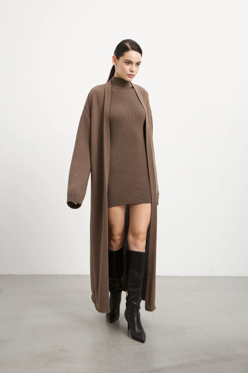 Knit Tank Dress Fitted Long Cardigan Two Piece Set