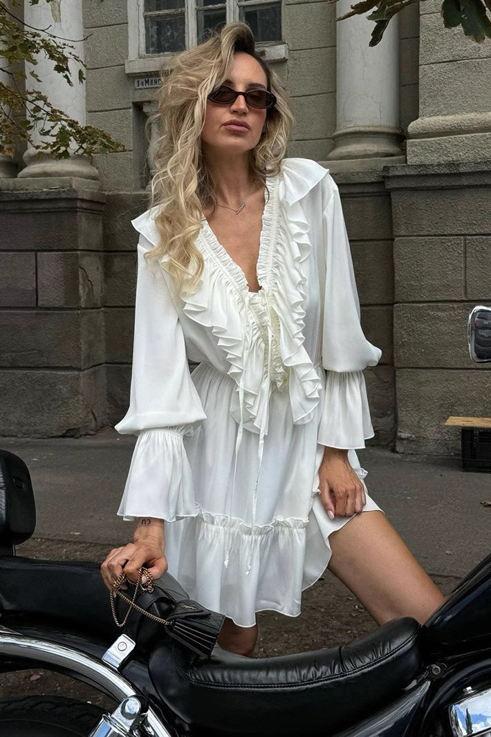 Chiffon V Neck Flared Sleeve Mini Dress