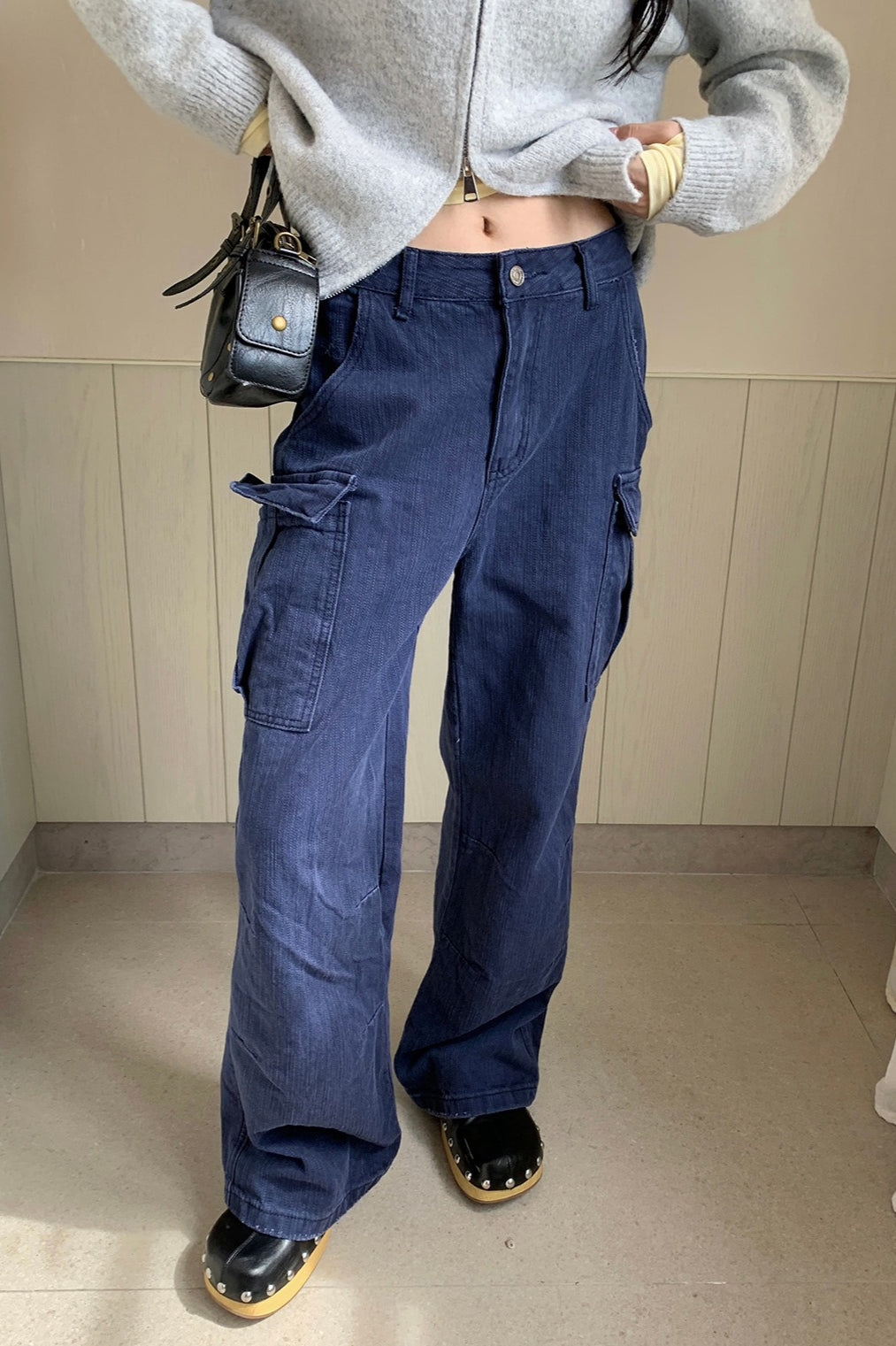 Strukturierte Cargo-Stiefelhose Freizeitjeans