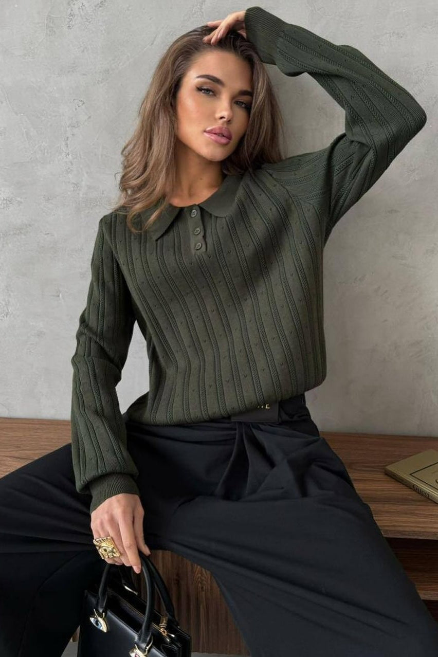 Jacquard Polo Collar Long Sleeve Loose Blouse