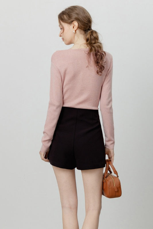 T-shirt chic à manches longues avec col bénitier, taille nouée et épaules dénudées