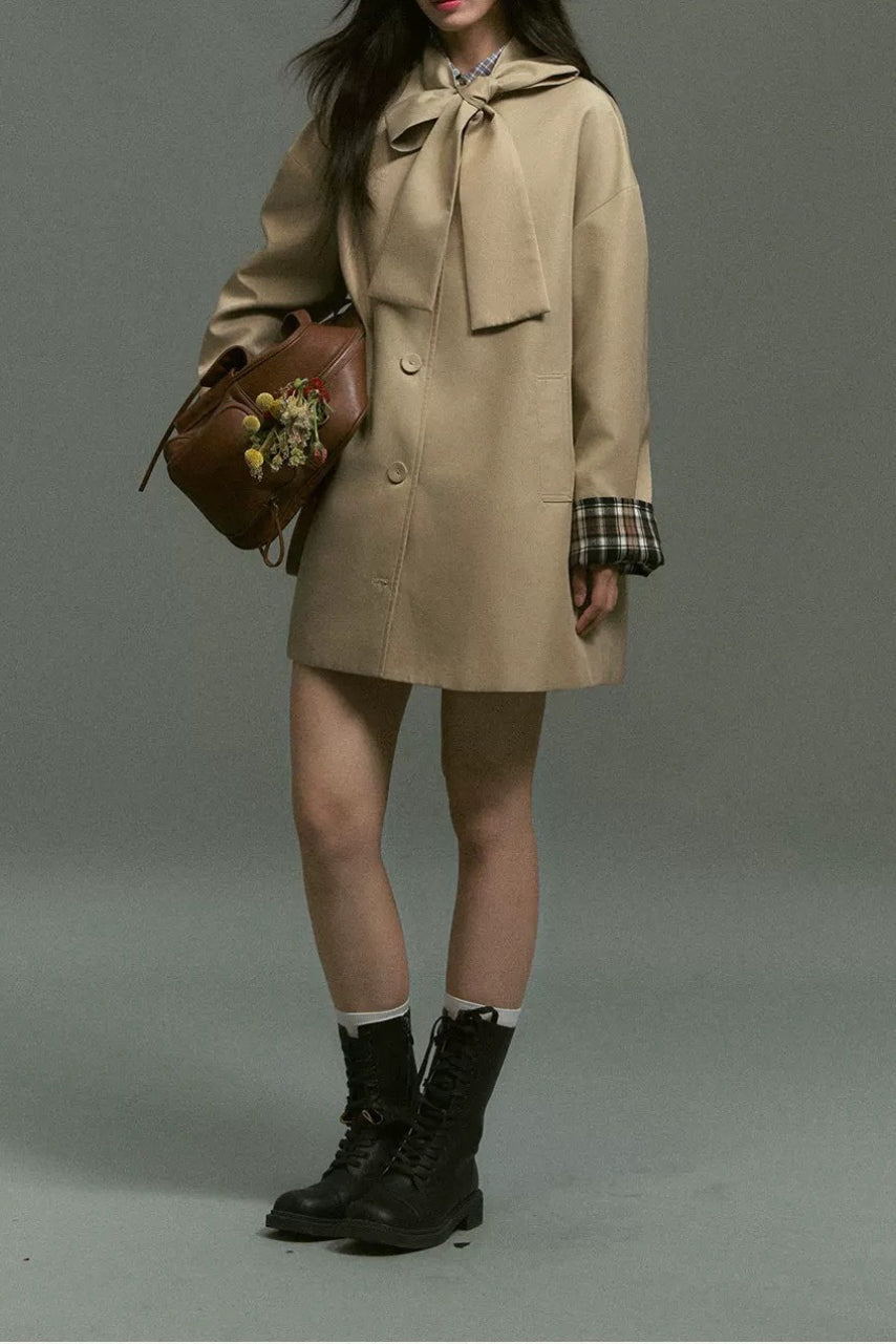 Plaid Blend Bow Front Coat