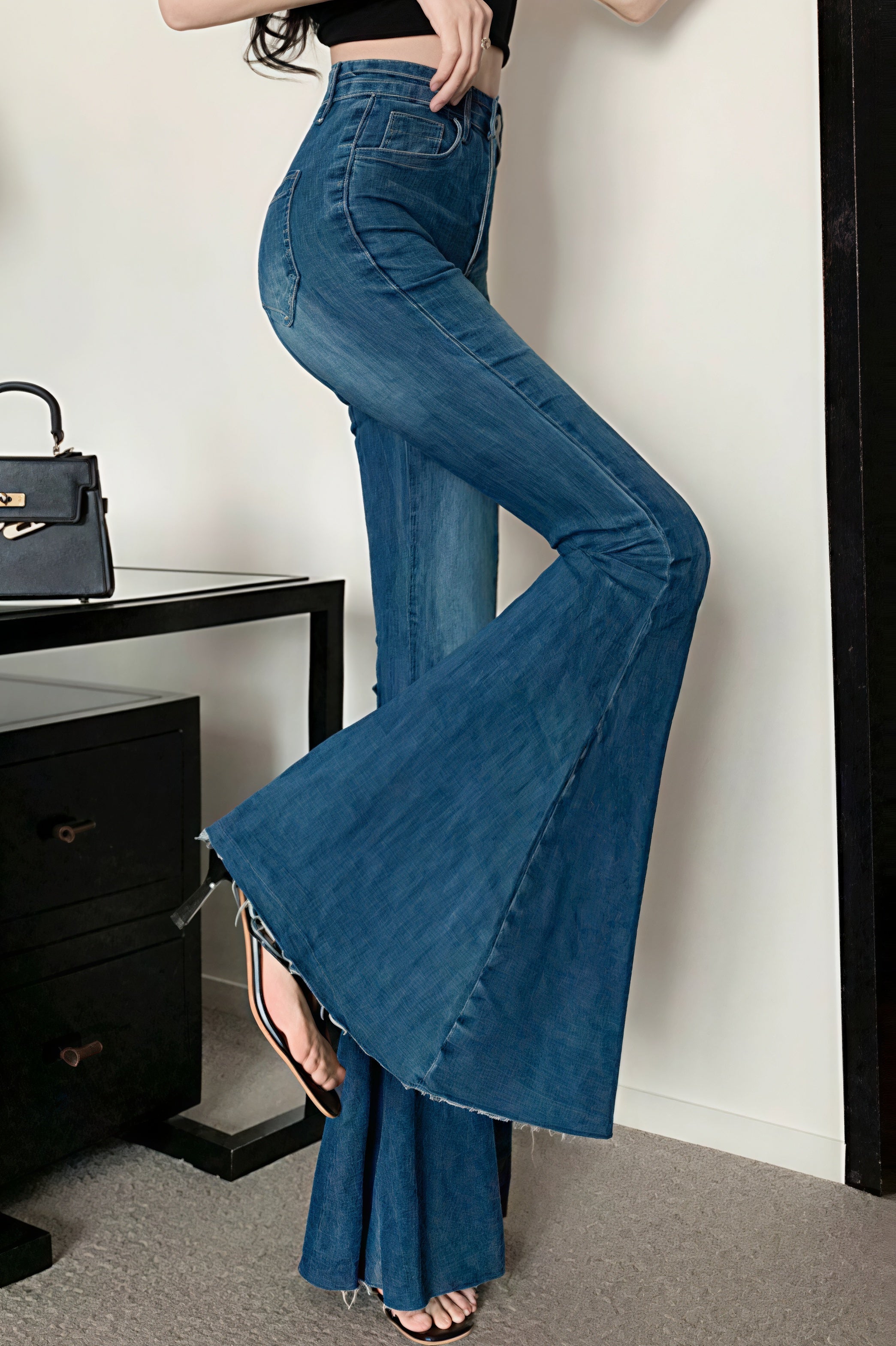 Džíny s vysokým pasem, rozšířené do zvonu, široké nohavice ve tvaru mořské panny