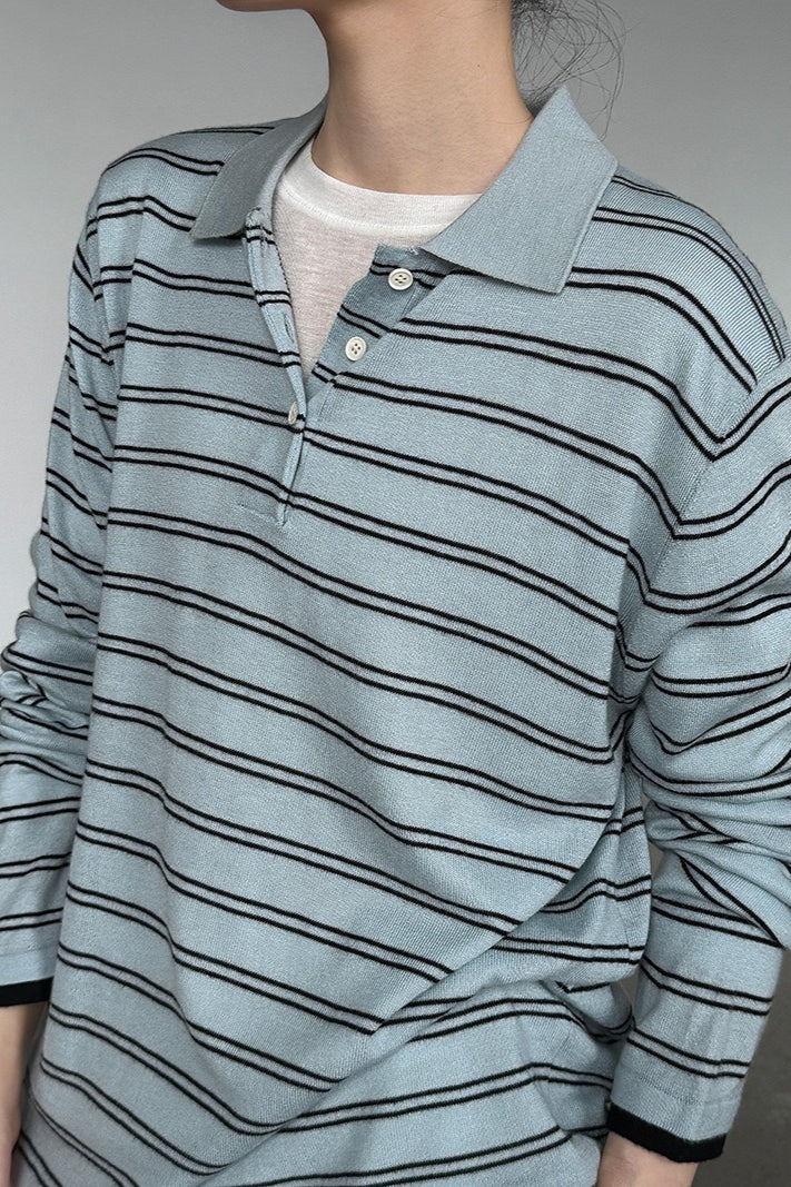 Maglia a maniche lunghe con collo polo a righe in lana morbida