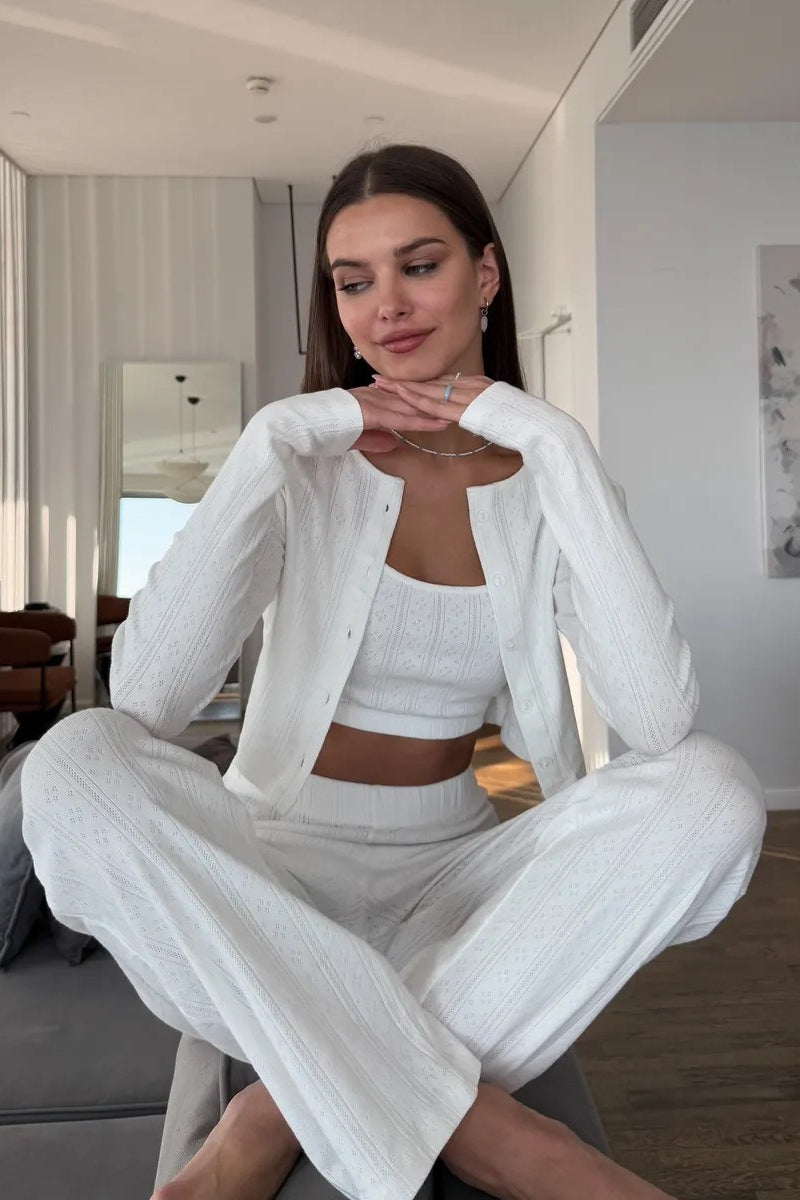 Conjunto de tres piezas de algodón tejido jacquard con manga larga y corte corto