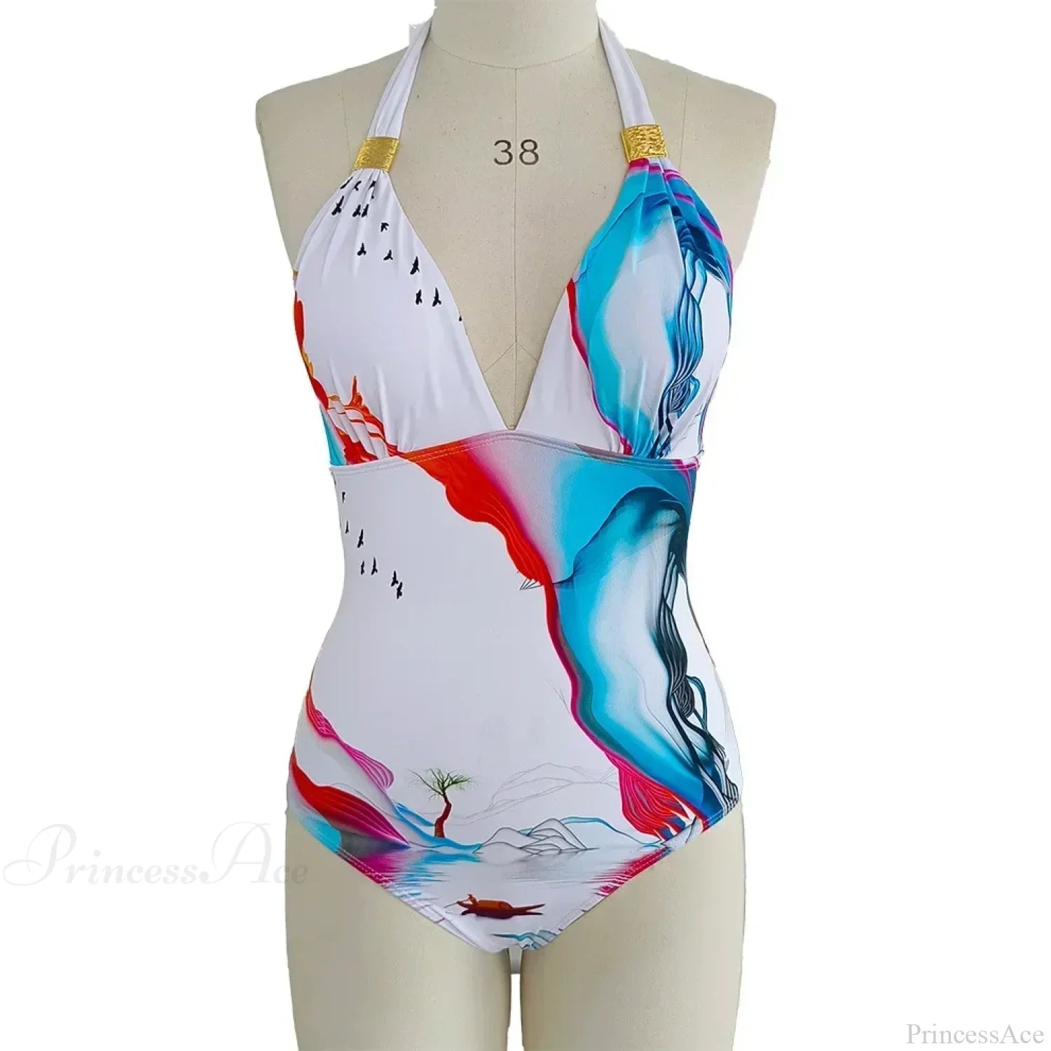 Sada jednodílného plavek s hlubokým výstřihem do V a zavazováním za krk, zakrývající břicho