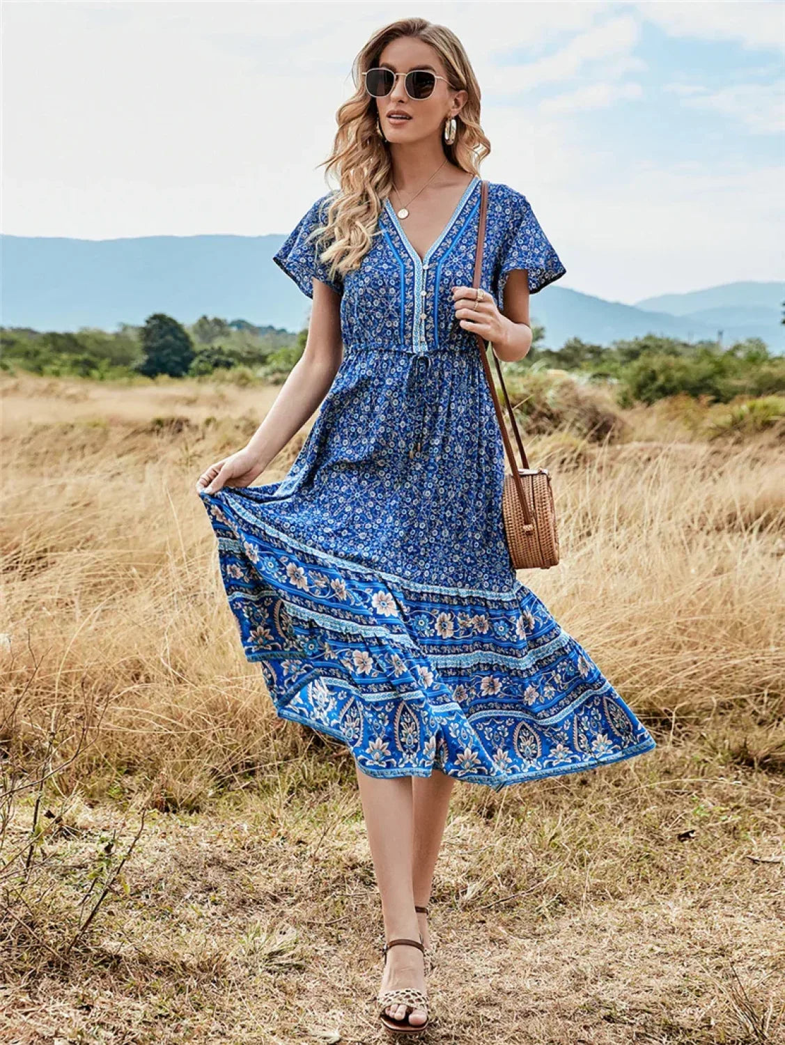 Deep V-neck Floral Button Pleated Maxi Boho Dress