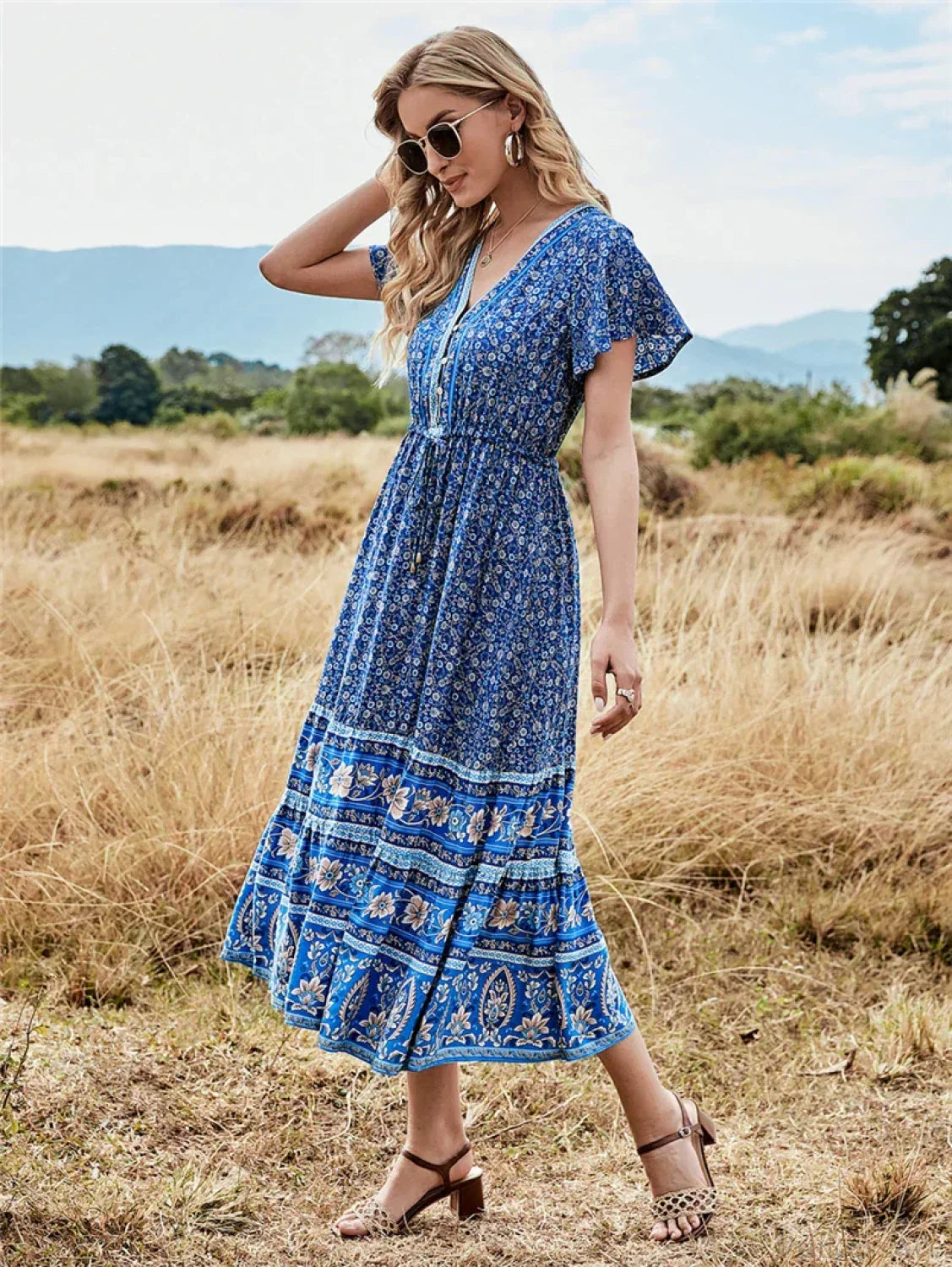 Deep V-neck Floral Button Pleated Maxi Boho Dress