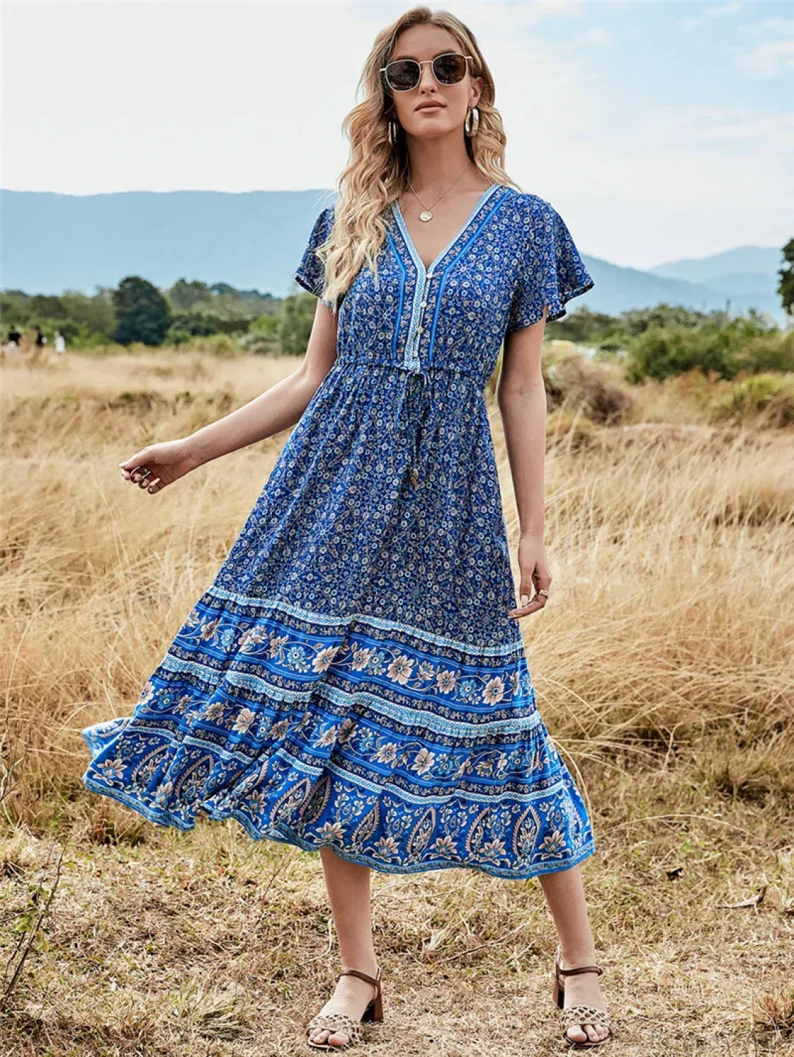 Deep V-neck Floral Button Pleated Maxi Boho Dress