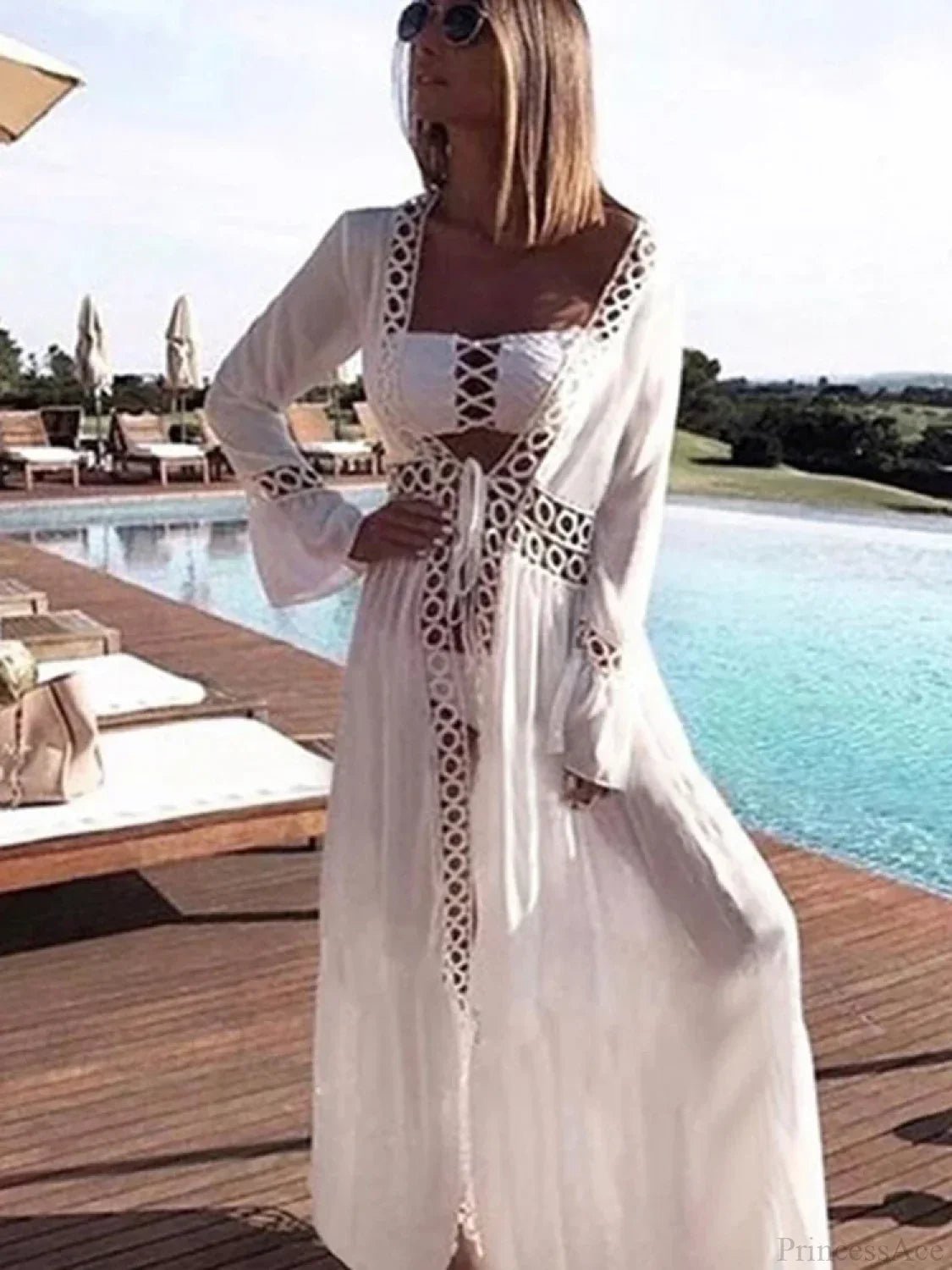 Deep V-Neck Hollow Out Bikini Cover Up