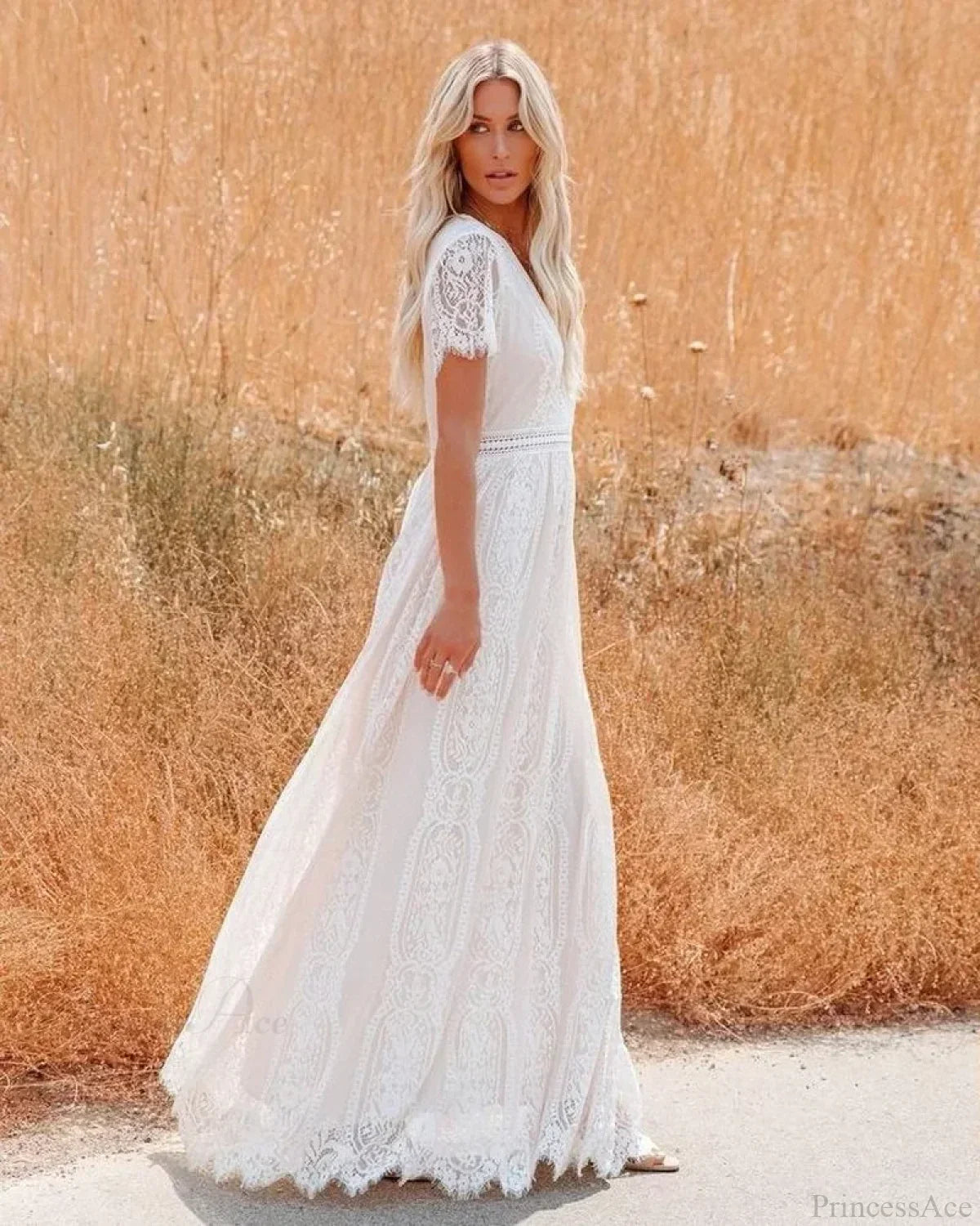Deep V-neck Lace Hollow Out Vintage White Boho Dress