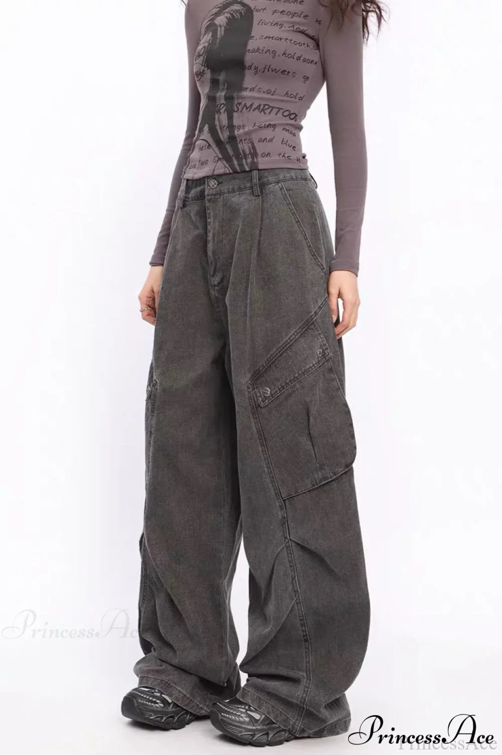 Denim Large Pocket Wide-Leg Cargo Pants