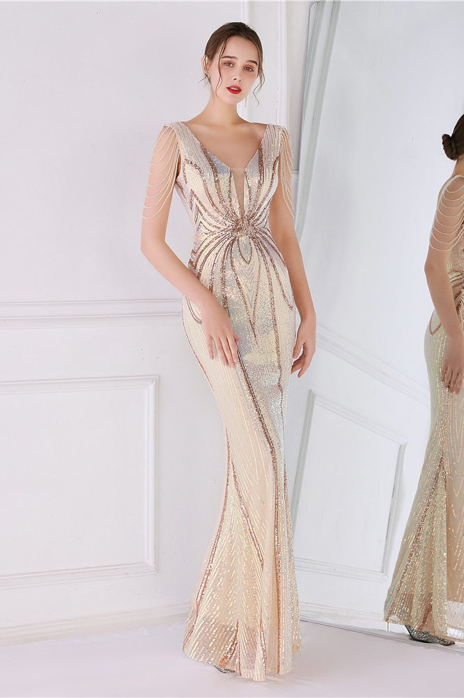 Vestido de fiesta sirena con lentejuelas y flores de cuentas