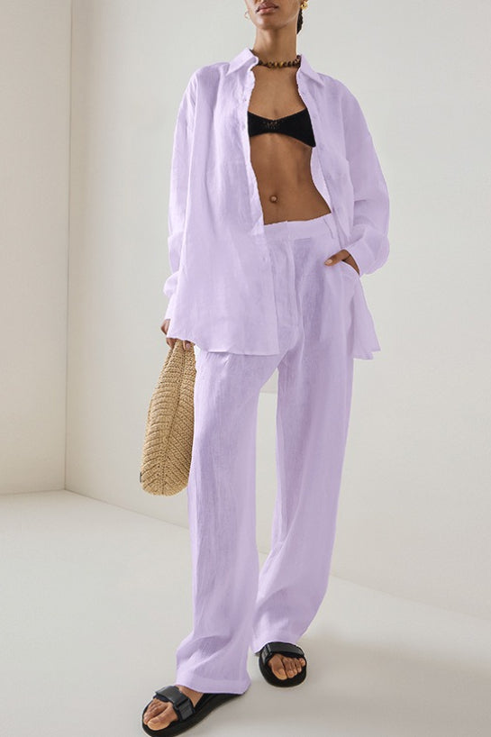 Leinen Lockeres Langarm-Hosen Zweiteiler-Set