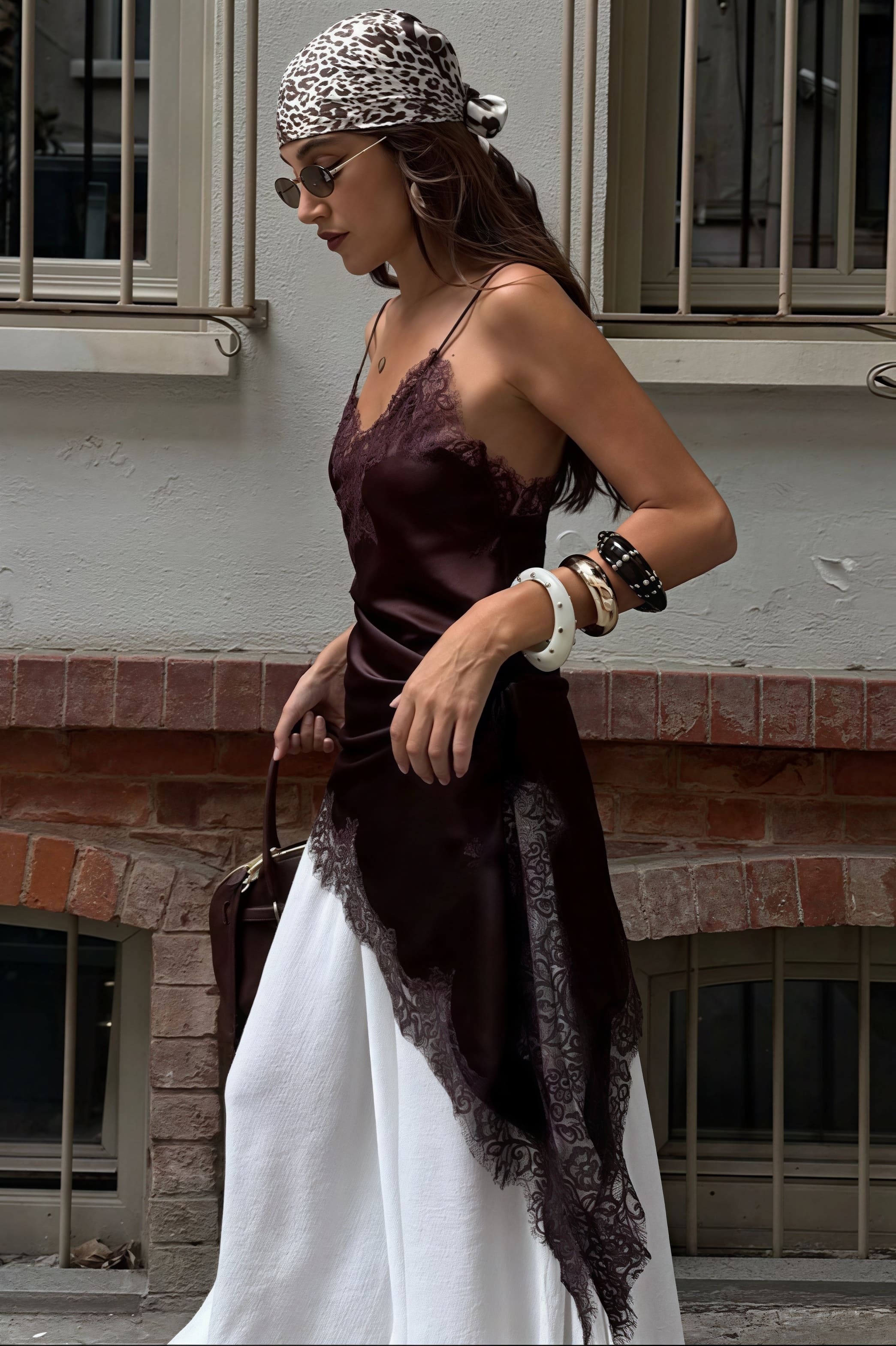 Lace Trim Patchwork Low Cut Asymmetrical Slit Cami Top