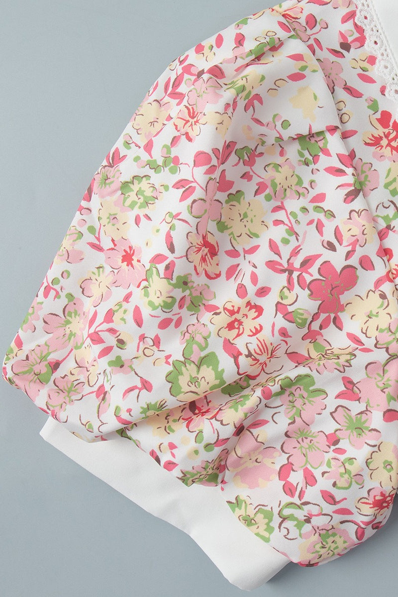 Peter-Pan-Kragen Blumiges Kleid mit Puffärmeln und Knöpfen, Mini-Länge