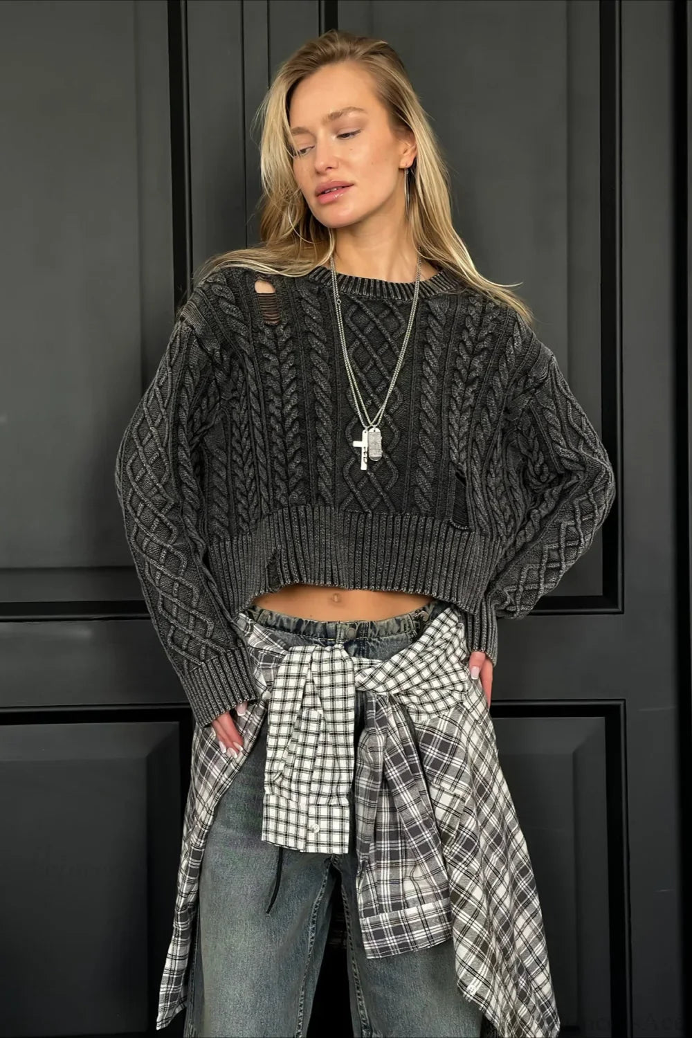 Distressed Crew Neck Cropped Crop Top Knit Sweater