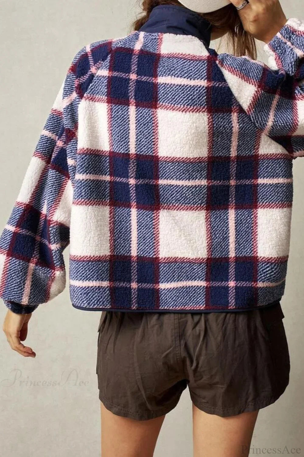 Double-Fleece Plaid Wool Long Sleeve Jacket