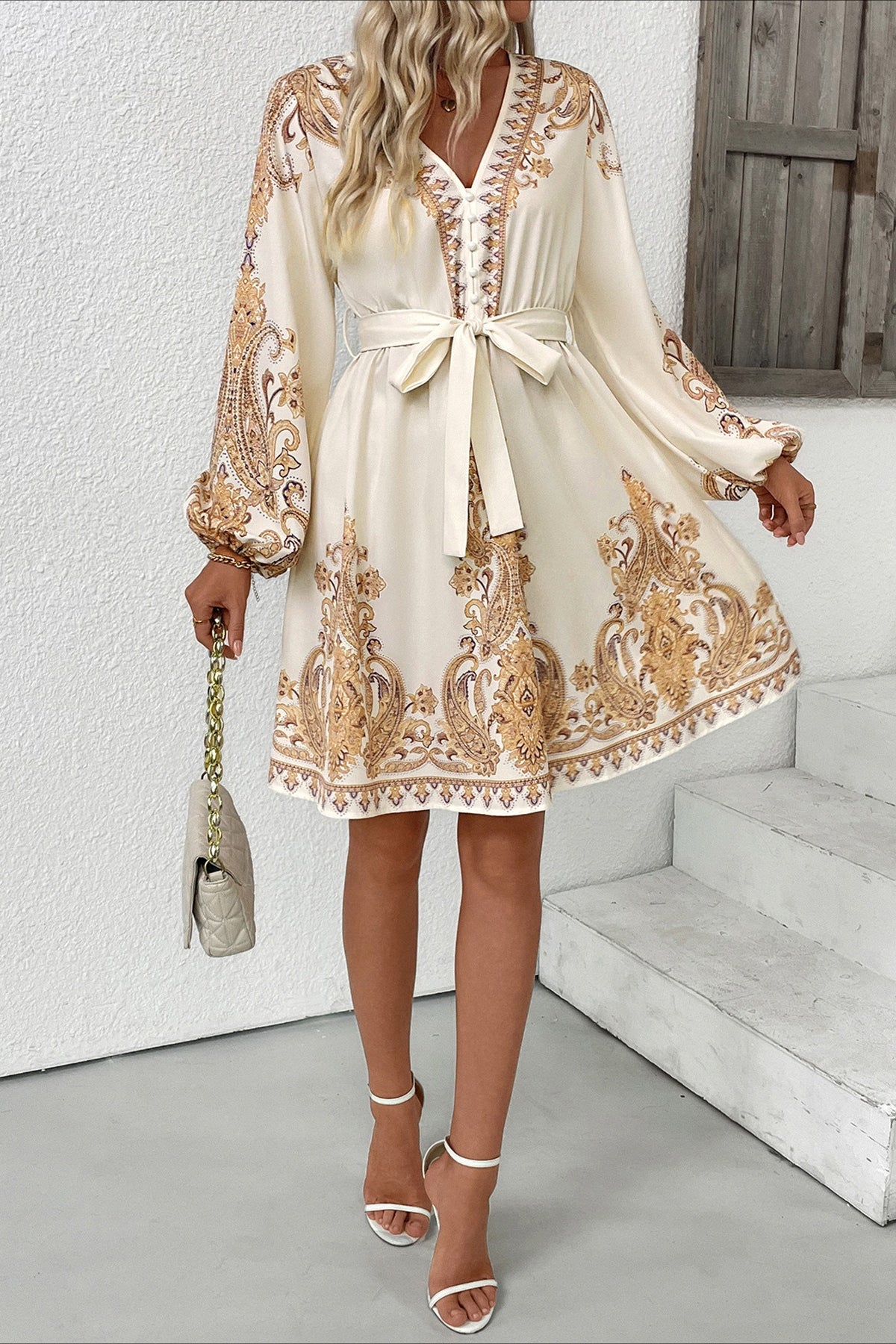 Chic Paisley Print V Neck Ethnic Mini Dress