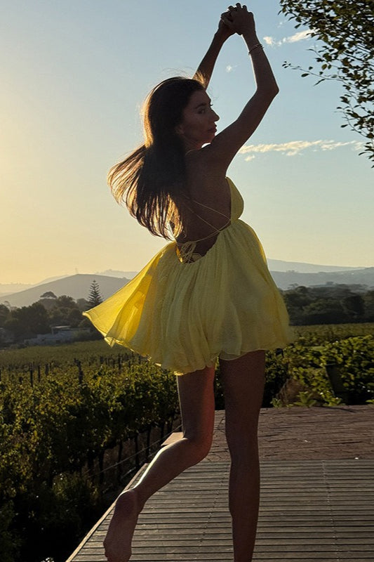 Solid Loose Flowy High Waist V Neck Cami Mini Dress