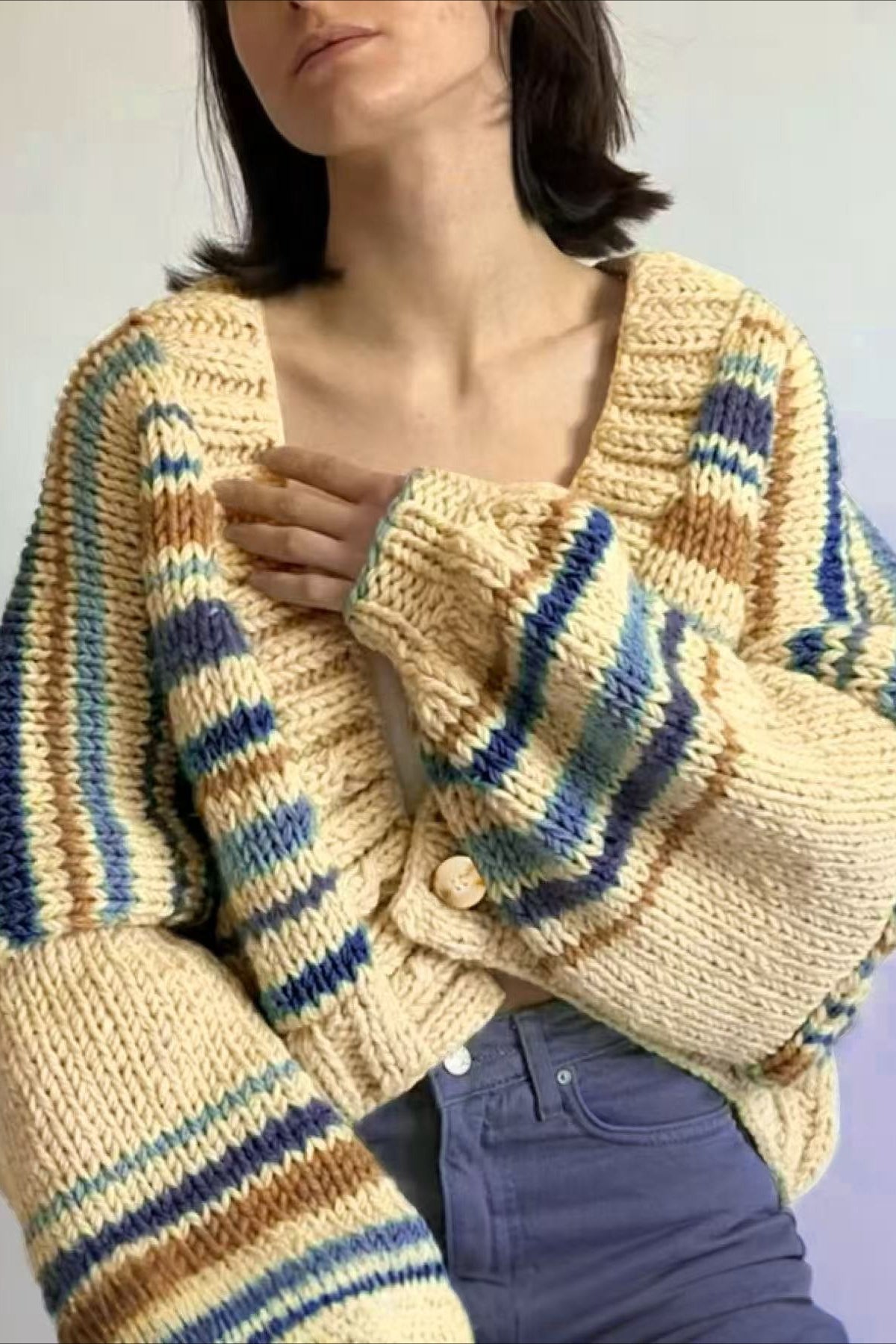 Relaxed V Neck Color Block Knit Cardigan