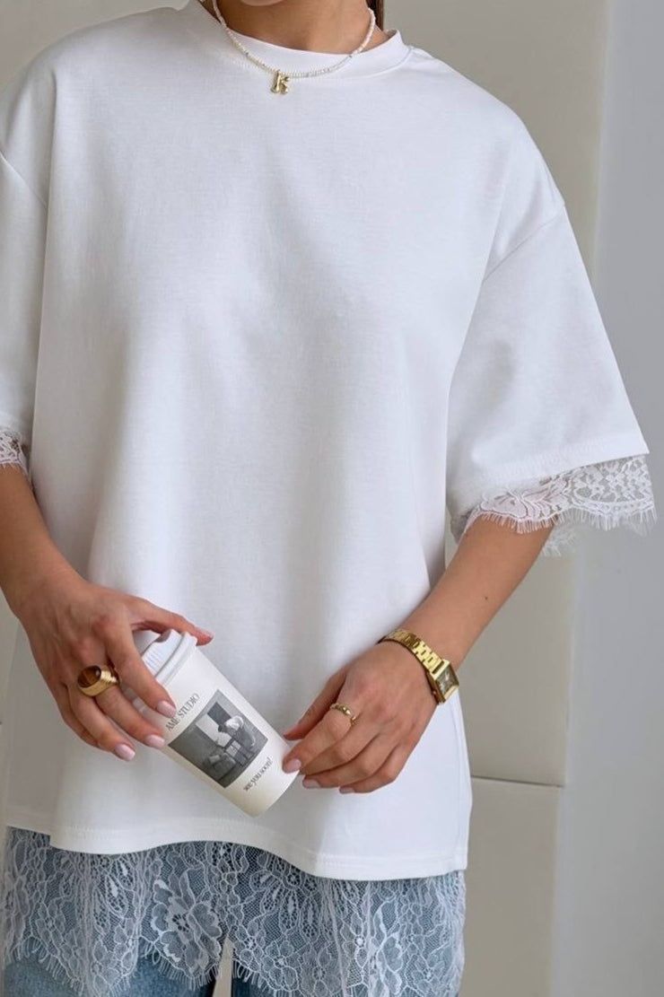 Minimalist Sweet Lace Splice Short Sleeve T-shirt