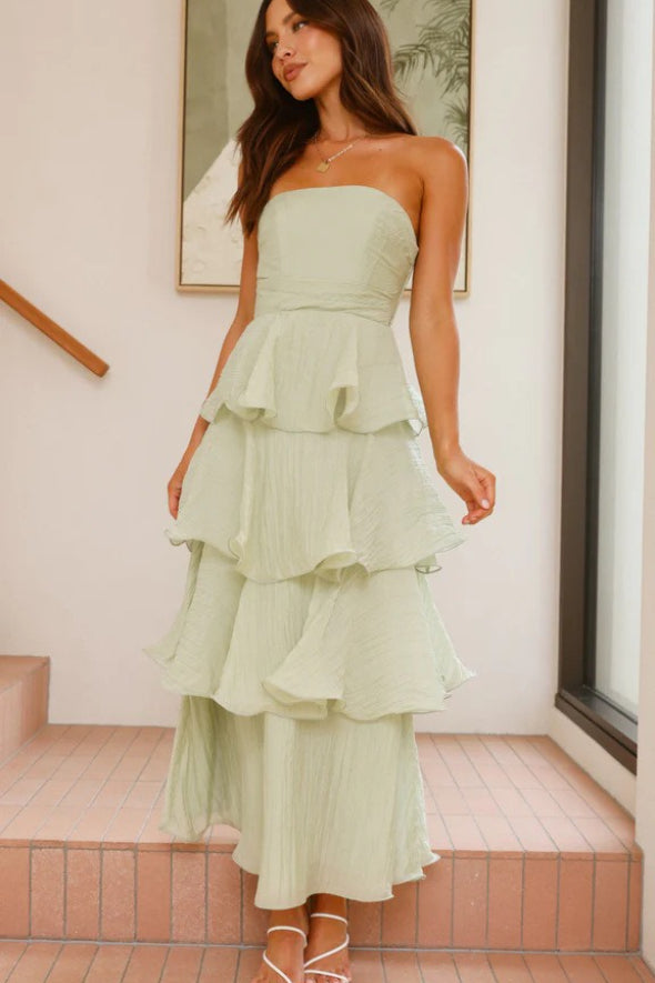 Fashion Strapless Backless Ruffle Tiered Midi Dress