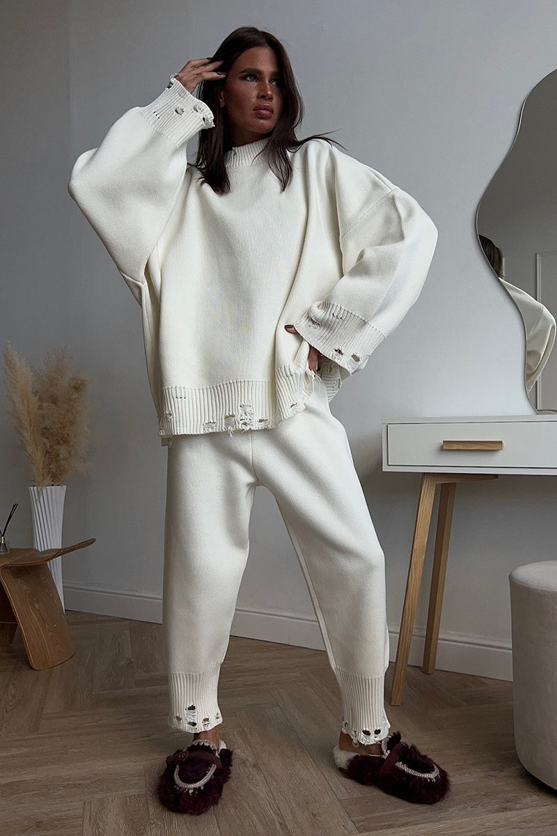 Solider grob gestrickter Pullover mit Rundhalsausschnitt, zweiteiliges Set