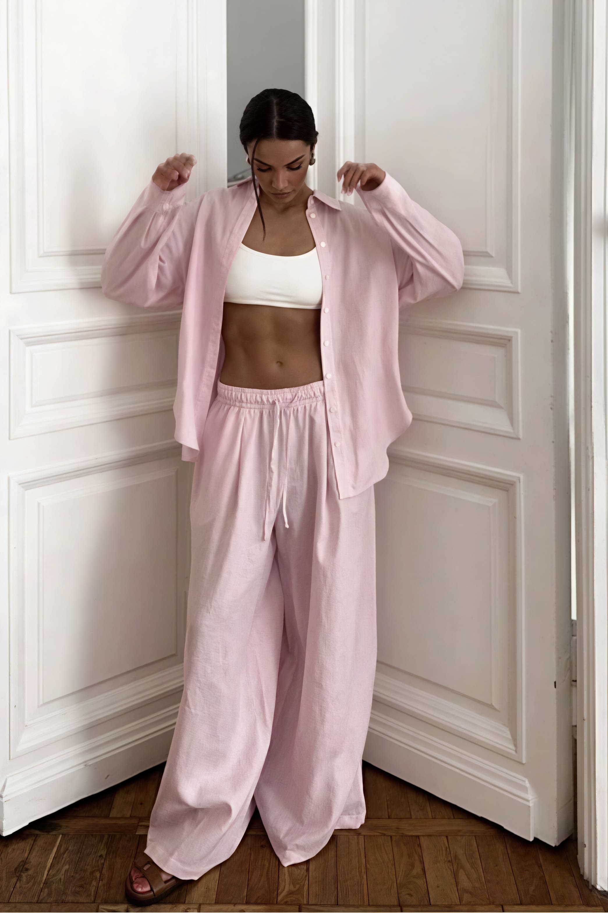 Bavlněný volný dvoudílný komplet s dlouhým rukávem a kalhotami