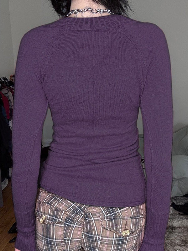 T-shirt à manches longues en tricot à col en V profond côtelé