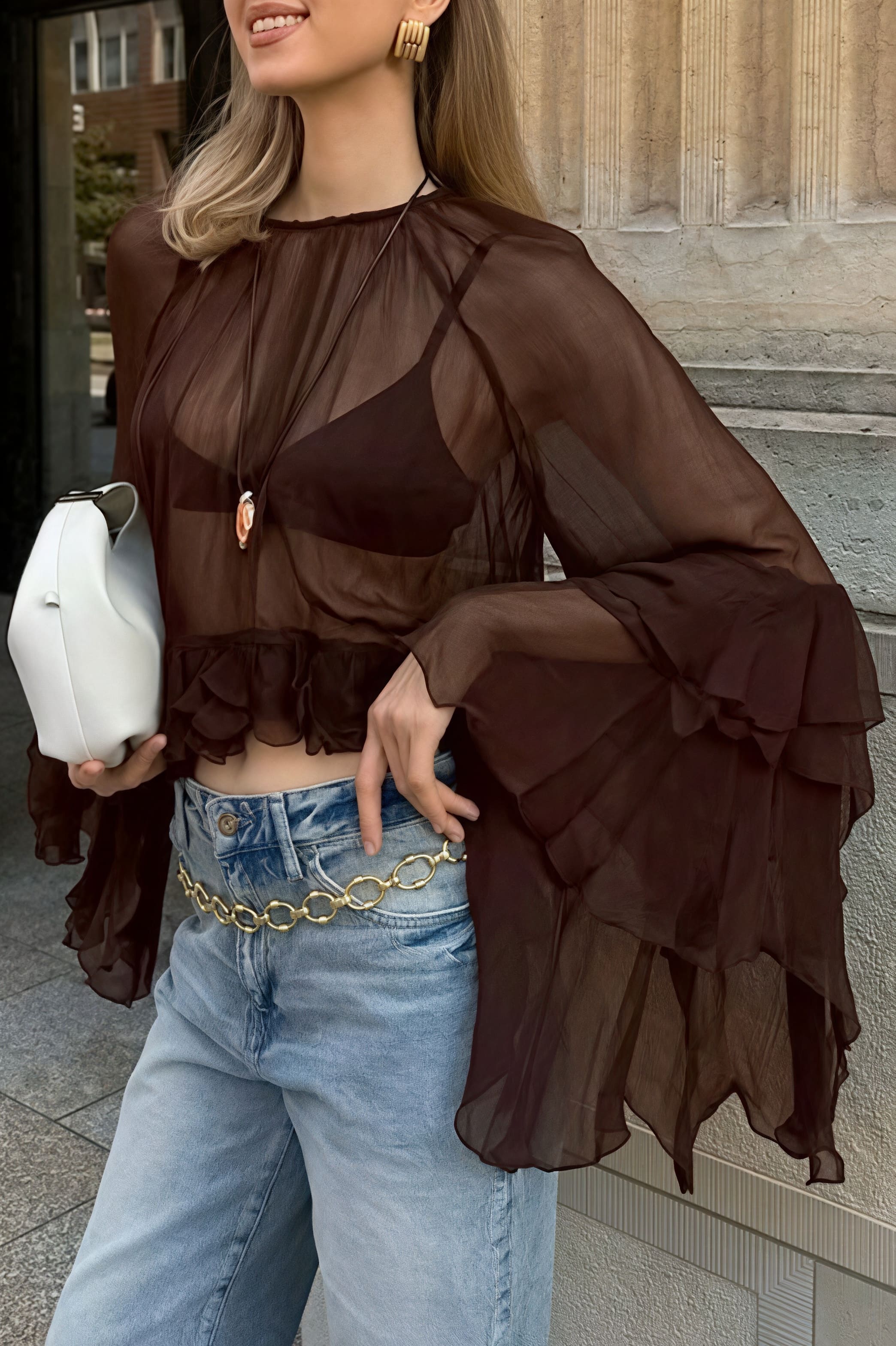 Loose Fit Ruffled Chiffon Round Neck Blouse