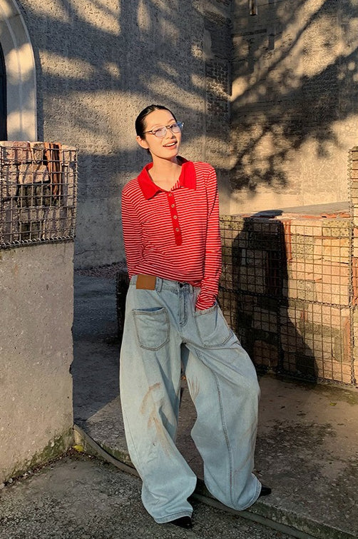 Jeans Designer com Bolso, Perna Larga, Franzido e Desgastado