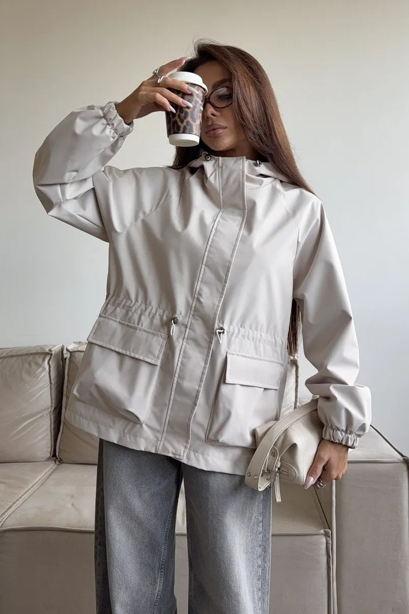 Waterproof Hooded Drawstring Loose Casual Outdoor Hiking Jacket