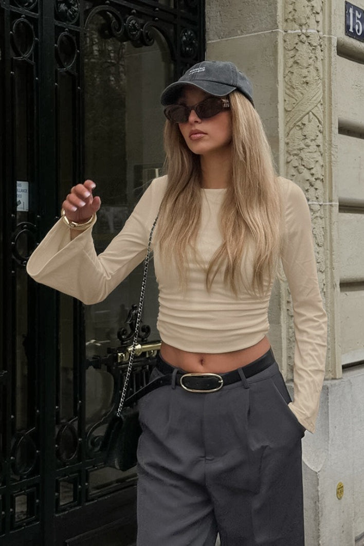 Solid Slim Fit Ruched Crew Neck Long Sleeve Tee