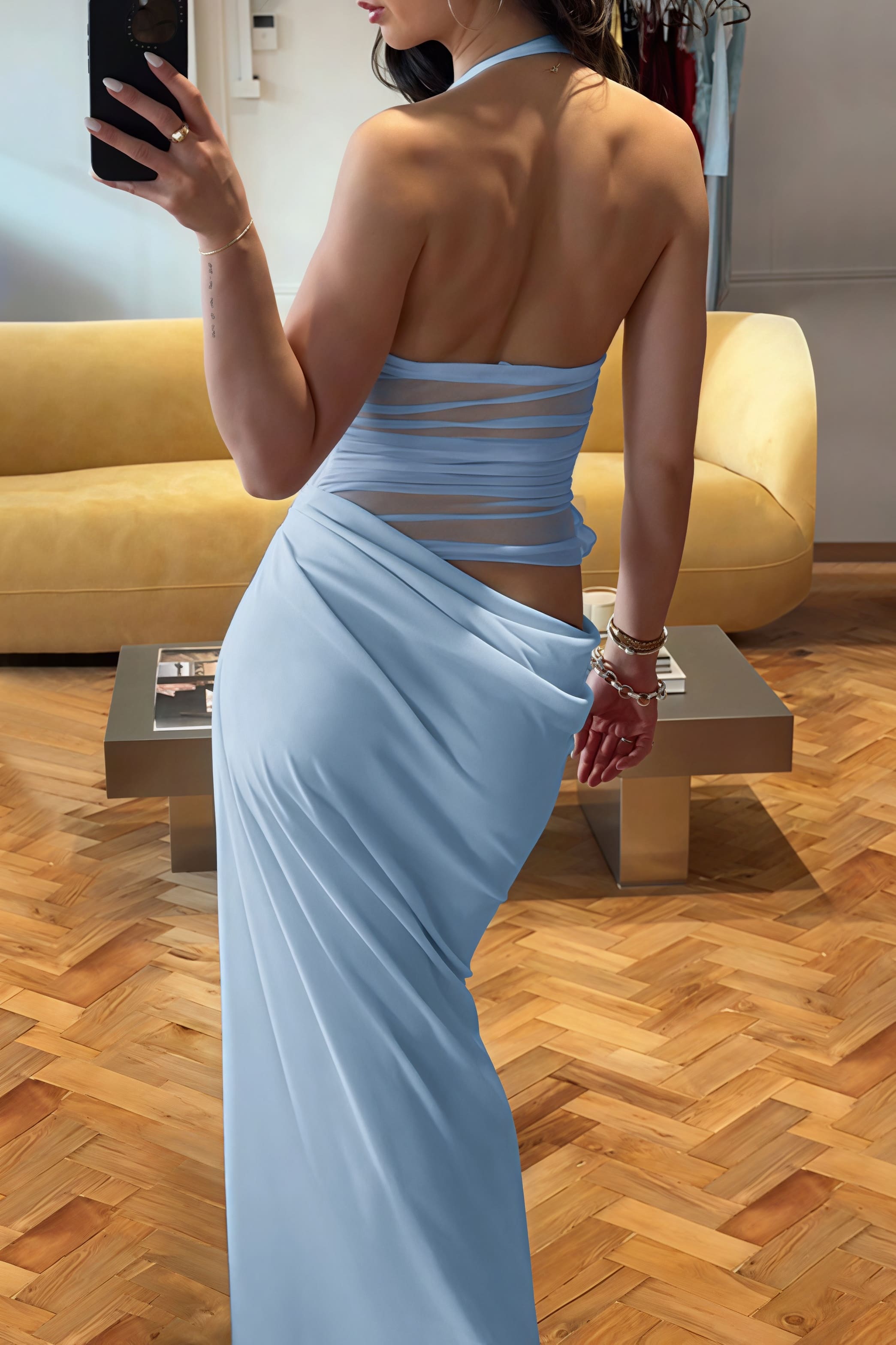 3D Blumenmuster Neckholder Schlank Geschnittenes Maxikleid mit Taillenausschnitt