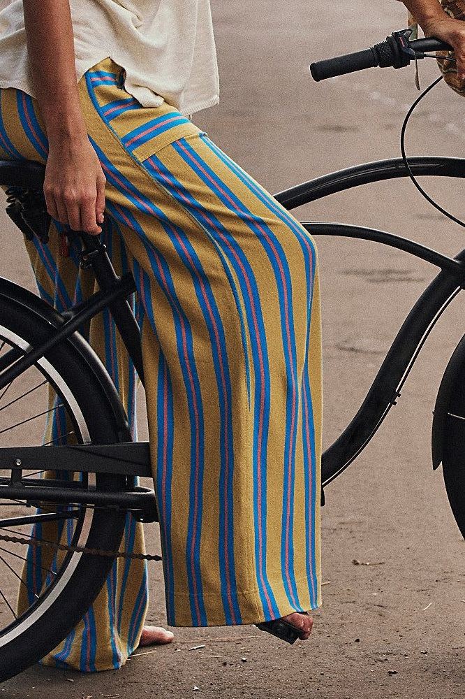 Pantalon large à cordon de serrage rayé style plage